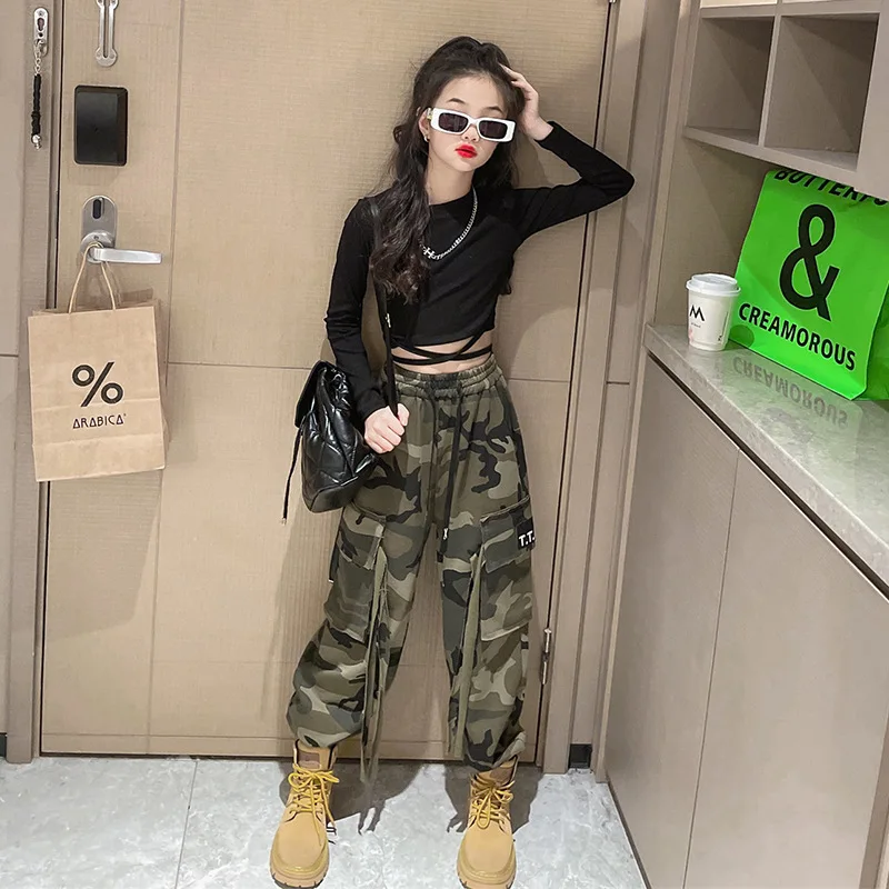 Teenage Girls Cargo Pants Autumn Camouflage Sport Casual Trousers for Children Trendy Cool All-match Loose Pants Kids 12 13 14Yr