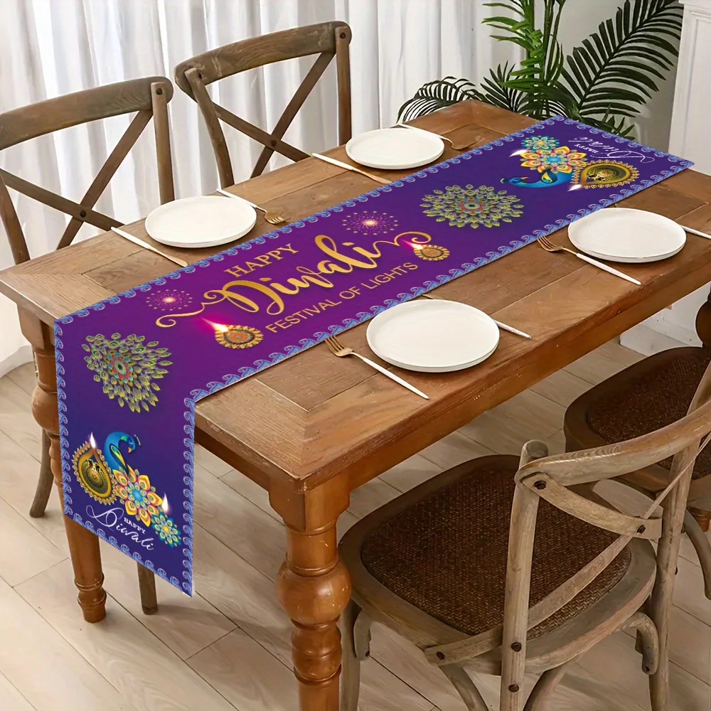 Happy Diwali Festival of Lights Linen Table Runner Holiday Party Decor Reusable Kitchen Dining Table Runner Diwali Decorations