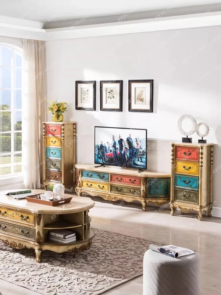 European-Style Painted Floor Cabinet Carved TV Cabinet Living Room Audio-Visual Furniture Combination