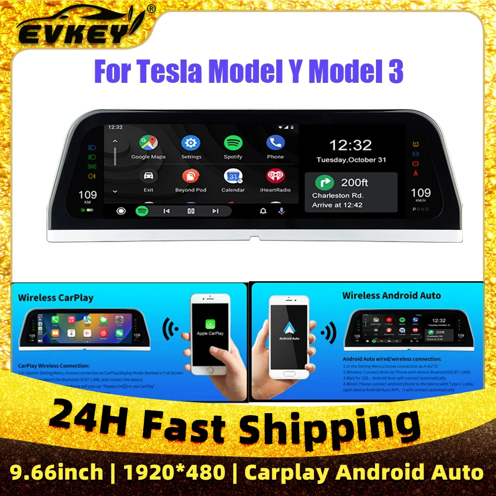 

EVKEY 9.66Inch Large IPS Screen Dashboard Heads Up For Tesla Model 3 Model Y Auto HD LCD Meter HUD Power Speed Auto Accessories