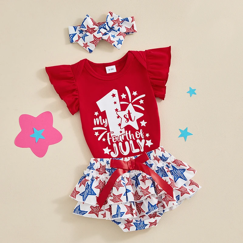 

Newborn Baby Girl 1st 4th of July Flying Sleeve Romper Star Print Tutu Bloomer Shorts Headband Summer 3Pcs Outfit