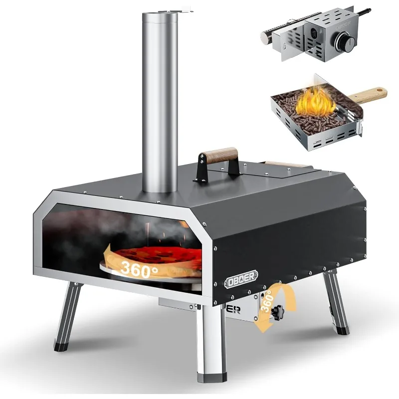 Forno per pizza da esterno, Forni per pizza multi-carburante ruotabili da 16", Forno a 3 strati in acciaio inossidabile, Macchina per pizza portatile con i incorporati