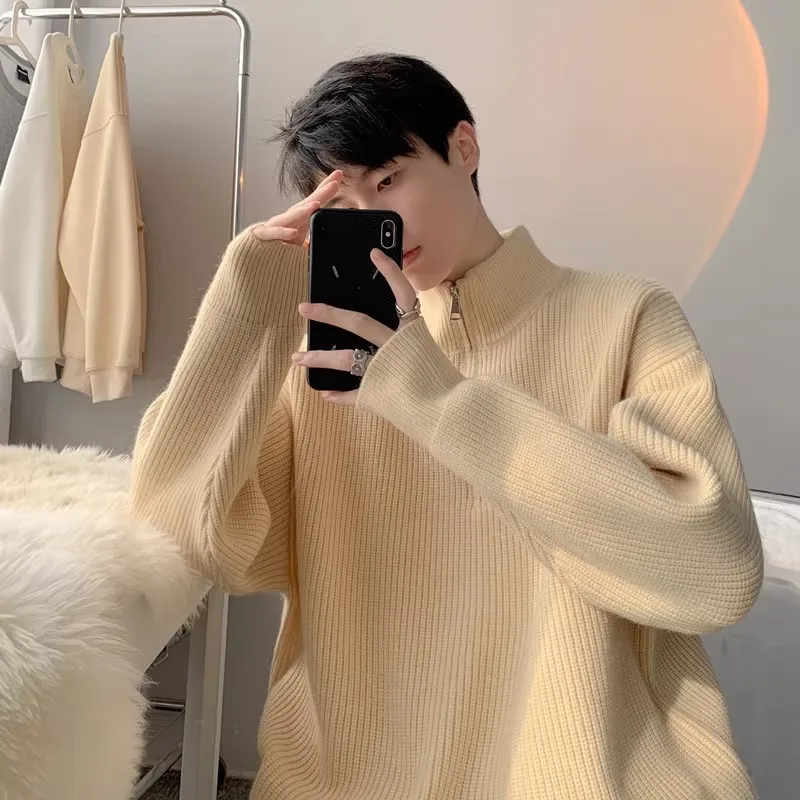 

Loose High Collar Color f Zip Men's Knitwear Autumn Winter Casual Sle Couples Match Polyester Fiber Warm Elastic