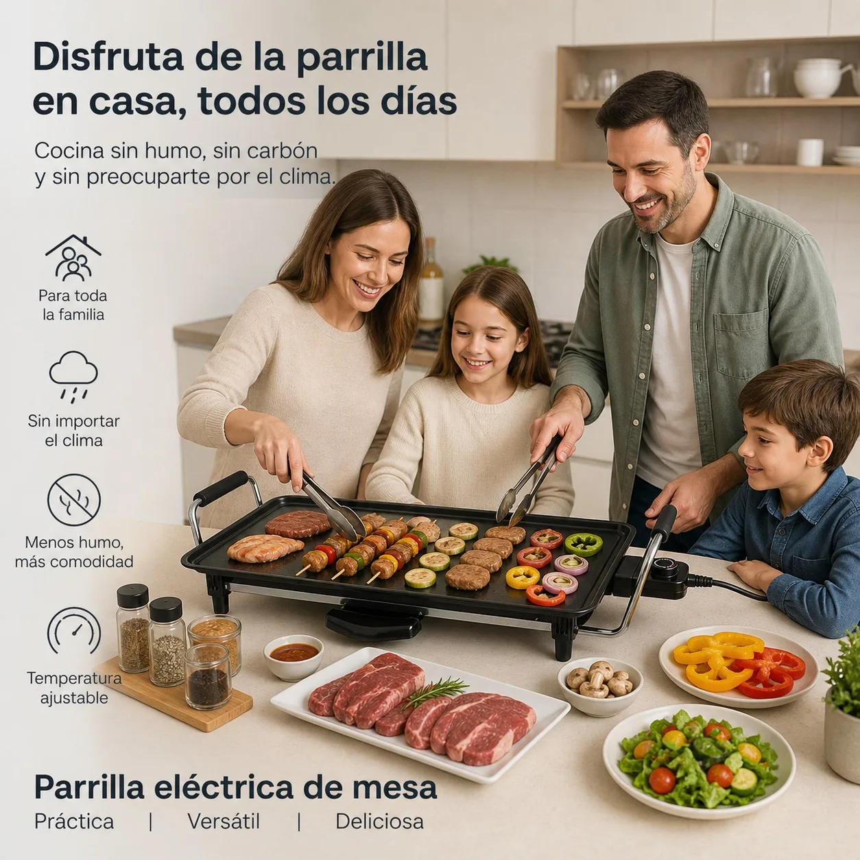 Plancha Eléctrica de Mesa 2000W con Superficie Antiadherente de 52x23cm, Temperatura Ajustable y Asas de Toque Frío para Barbacoa sin Humo en Interiores