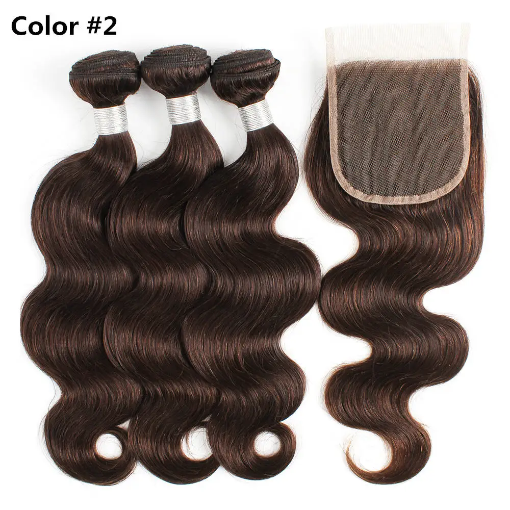 

Color #2 #4 Dark Brown 3 Bundles with 4*4 Lace Closure Colored Remy Brazilian Human Hair Extension 300Gram/Lot For One Head