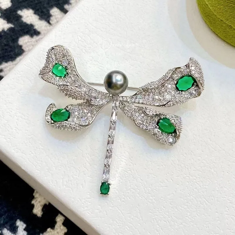 Retro Emerald Dragonfly Pearl Breastpin Jewelry Womne Handmade DIY Brooch Fittings Components