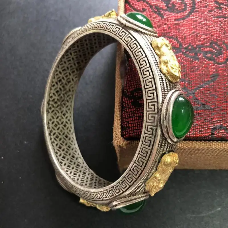 Antique Miao Silver Inlaid With Brass Pixiu, Vintage Hollow Design Gemstone Bracelet