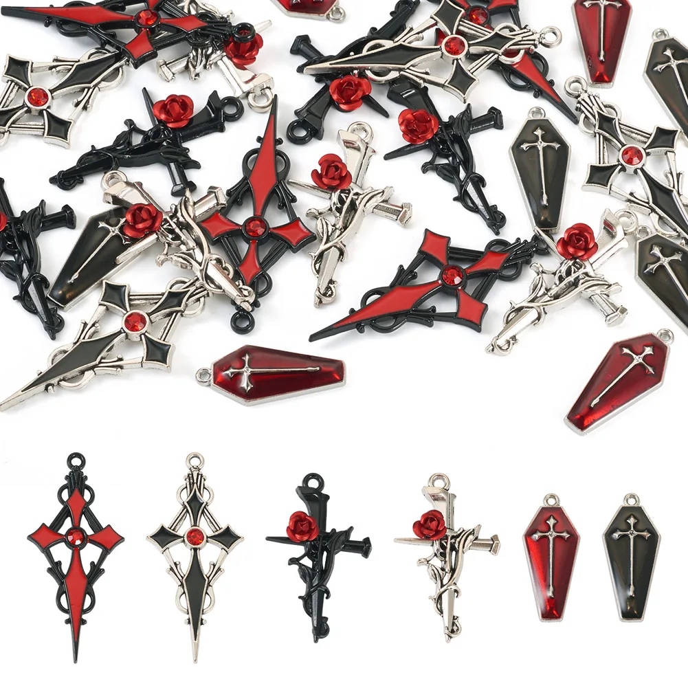 

24Pcs Alloy Enamel Gothic Charms Vampire Cross Coffin Pendants For Hallween Necklace Keychain DIY Jewelry Making Accessories