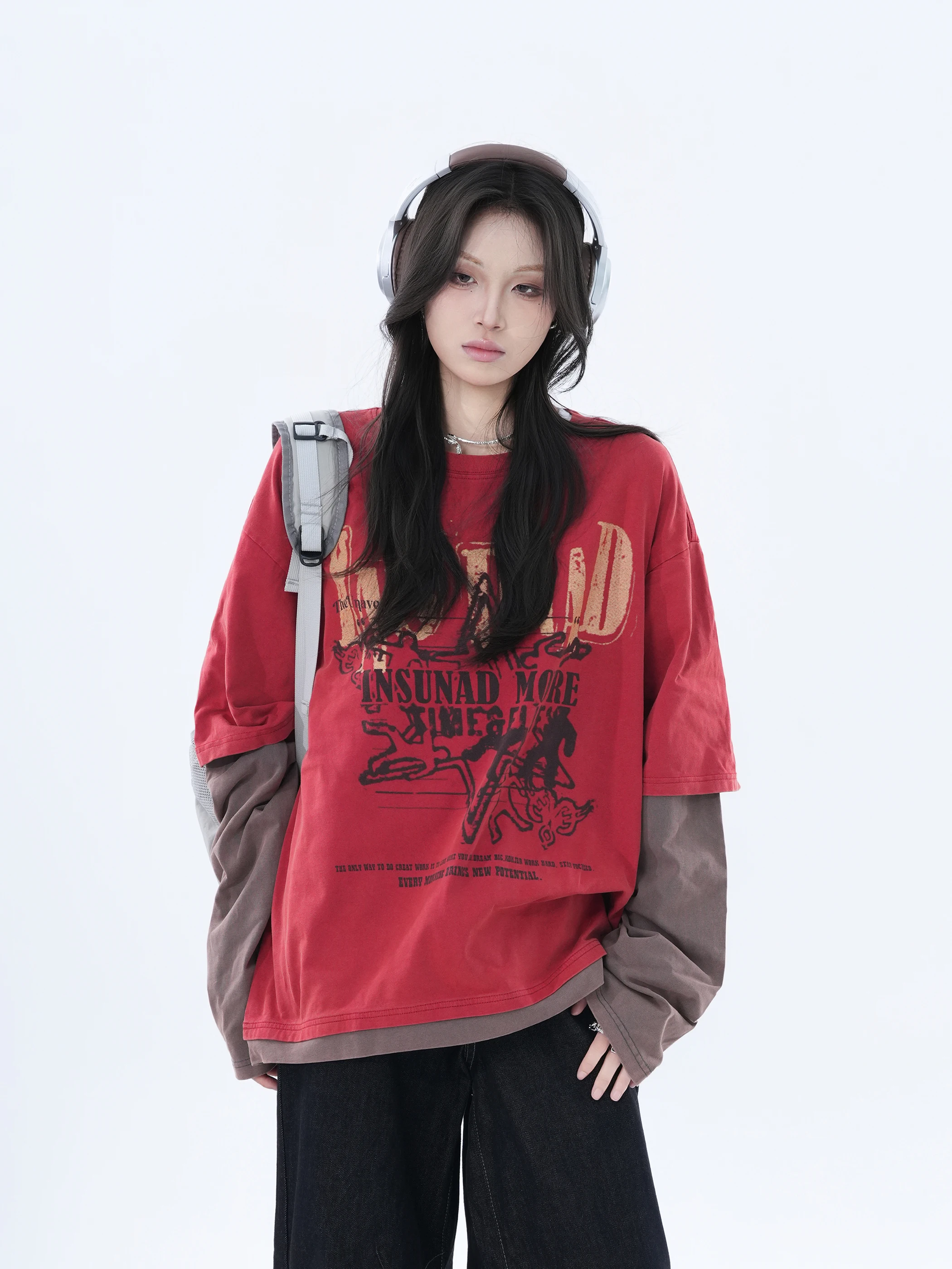 

Женская свободная футболка оверсайз с длинным рукавом, в стиле стритстайл, с цветовыми блоками, повседневная, хлопковая, осенняя, с круглым вырезом и принтом