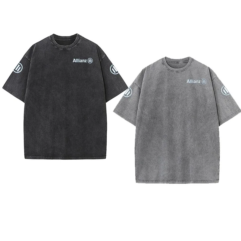 Allianz brand washed denim retro avant-garde printed T-shirt, standard comfortable European size men's extra-large short sleeve