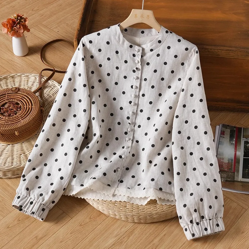 ربيع الخريف فضفاض طويل Sve المرأة سترة عادية Sle الرجعية البولكا نقطة أعلى ort طول زر حتى مزيج القطن والكتان #1
