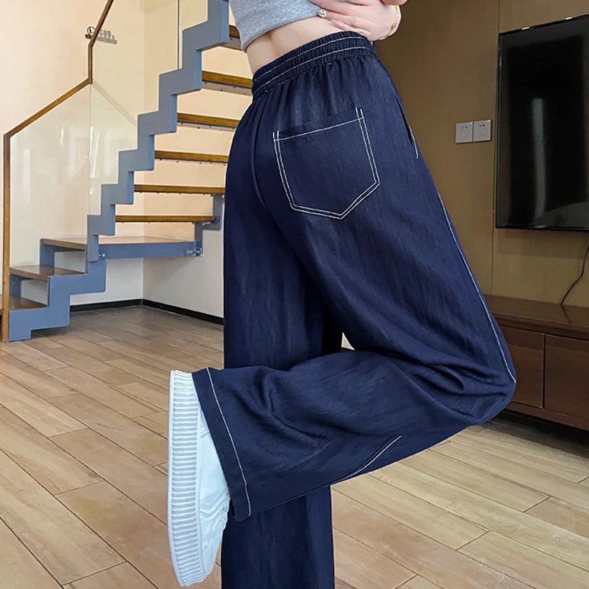 بنطلون جينز نسائي خفيف الوزن وواسع الساق من Yapher بخصر عالٍ مع بنطال برباط مرن يسمح بمرور الهواء باللون الأزرق الداكن