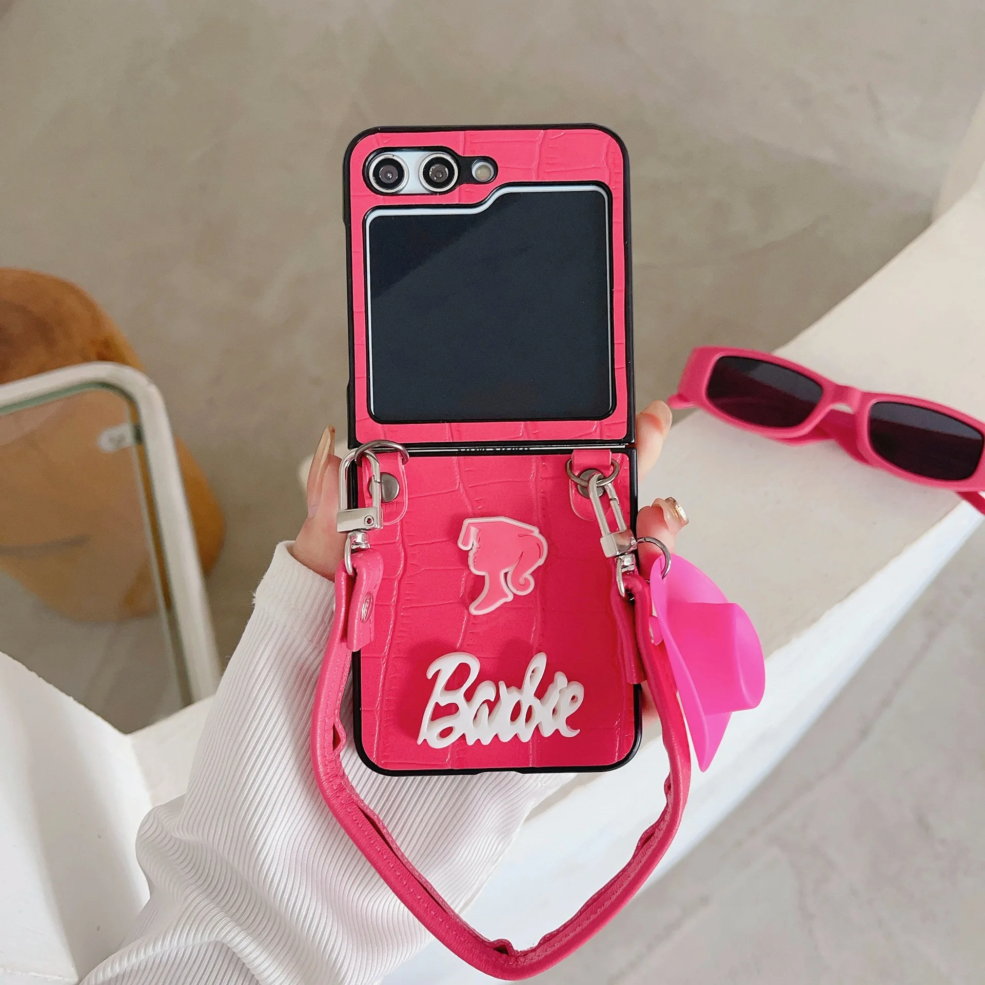 Pink Cartoon Girls Barbie Hat Bracelet Case For Samsung ZFlip5 ZFlip 5 4 3 Folding leather Protect Cover Luxury Gift High Heels