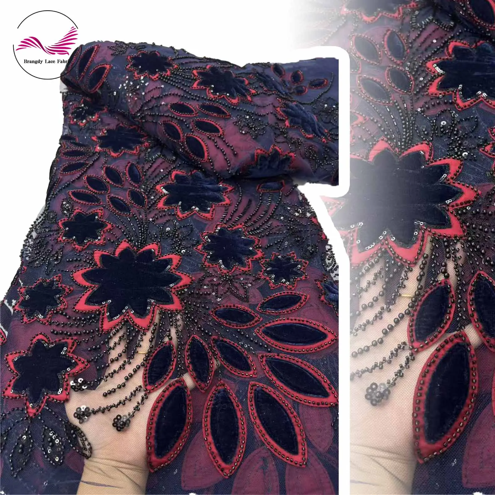 

Latest Luxury Velvet Embroidery Beading Bead Embroidery Lace Fabric 5 yards French Sequins Tulle Fabric for Women's Pie Dresses
