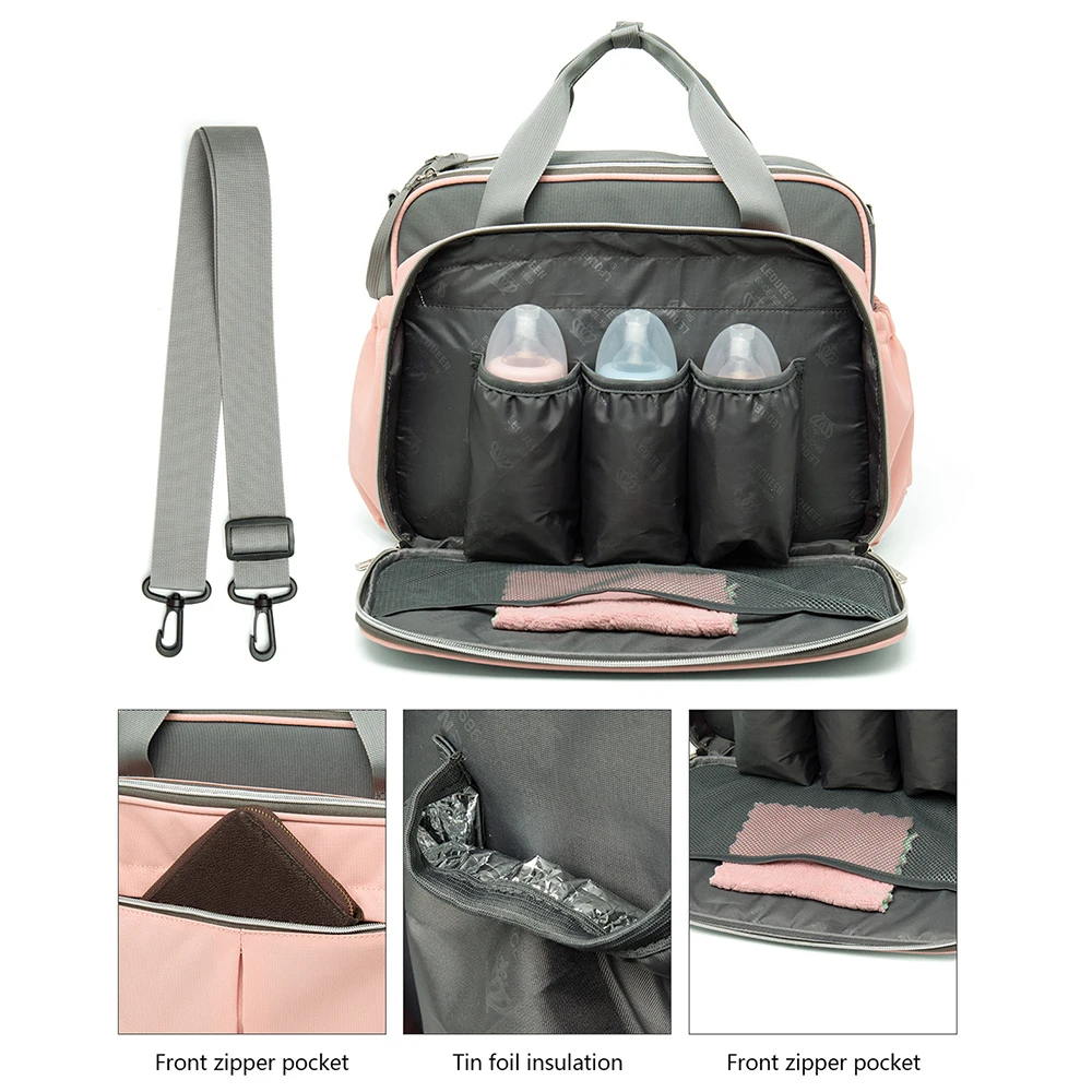 Bolsa de pañales de gran capacidad, mochila de viaje para el cuidado del bebé, color rosa y gris