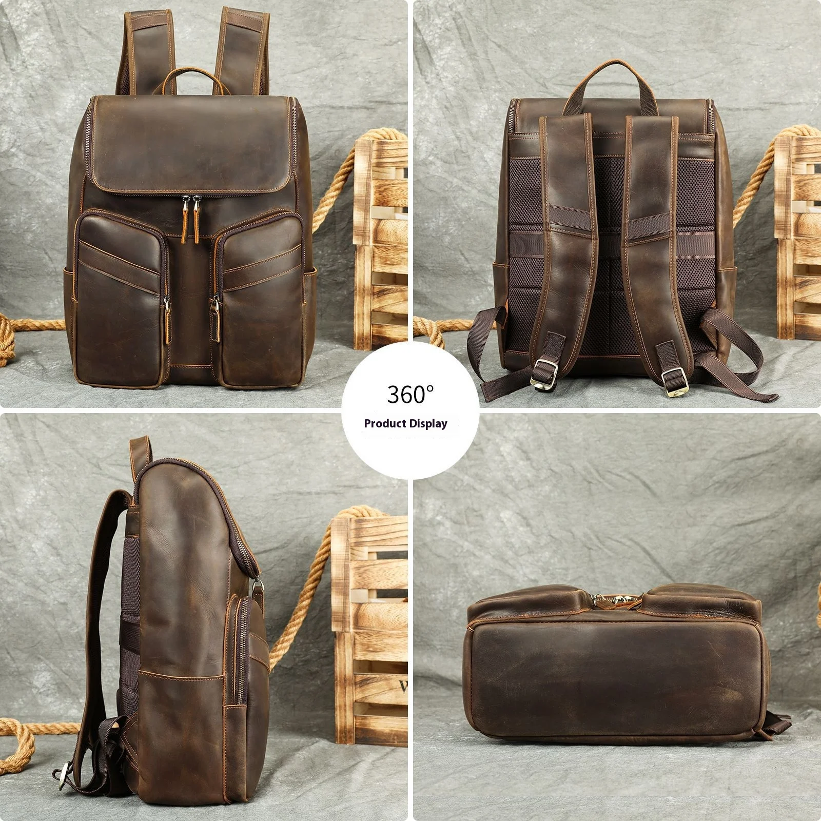 Crazy Horse Leather Backpack Genuine Leather Men's 16 Inch Laptop Backpack Large Capacity Premium Casual Backpack