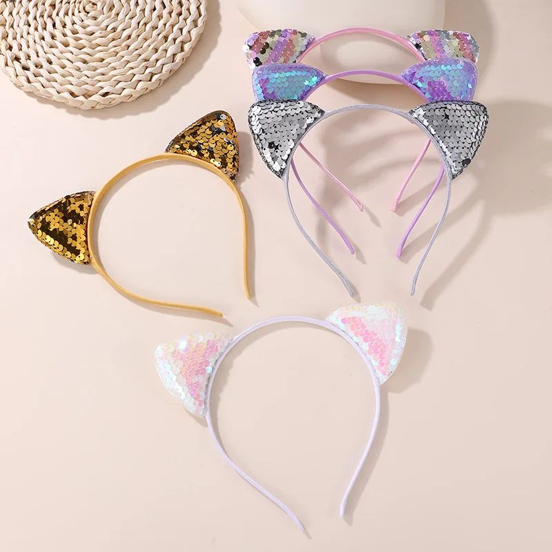 5pcs/set Daily Sweet Cat Ear Headband – Shiny Sequins & Cute Cartoon Design for an Easy, Playful Look.
