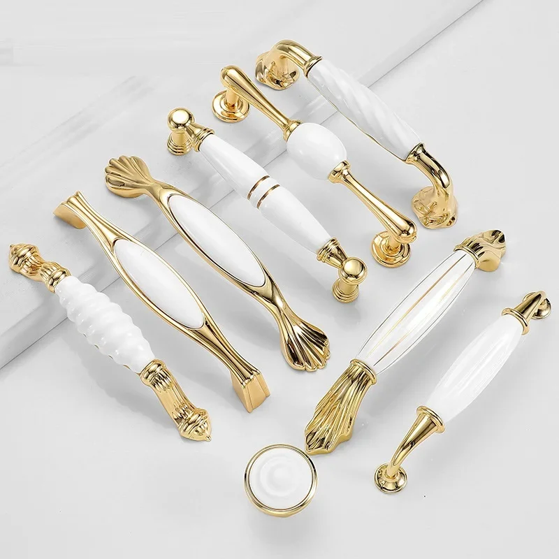 European Style Cabinet Handle, Gold Ceramic Drawer, Single Hole Cabinet, Wardrobe Handle, Zinc Alloy Cabinet Door Handle