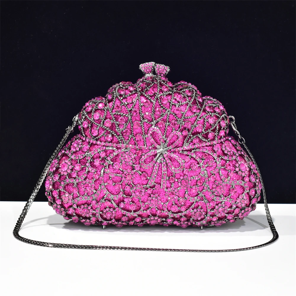 Elegant Women Fuchsia Clutch Evening Bags Ladies Wedding Crystal Dinner Banquet Purse Bridal Rhinestone Birthday Party Handbags