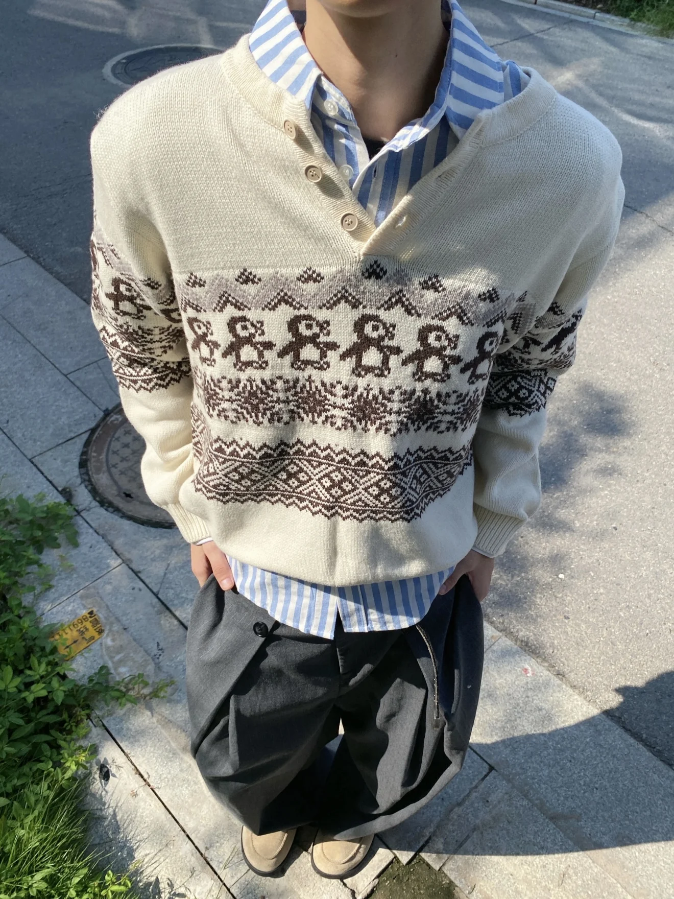 

Cisas Penguin Ретро Fair Isle Вязаный круглый свитер Ne Мужской повседневный осенне-зимний универсальный дизайн Длинный све Теплый G...