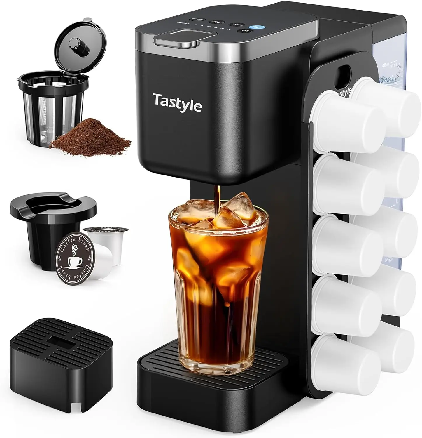 Compact Coffee Maker with Magnetic Pod Organizer, 40oz Tank, Hot & Iced Brewing for K-Cups and Grounds, Black