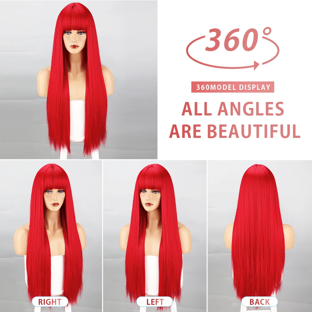 Long Straight Red Synthetic Wig With Bangs For Black Women Party Cosplay Hair Wigs Heat Resistant