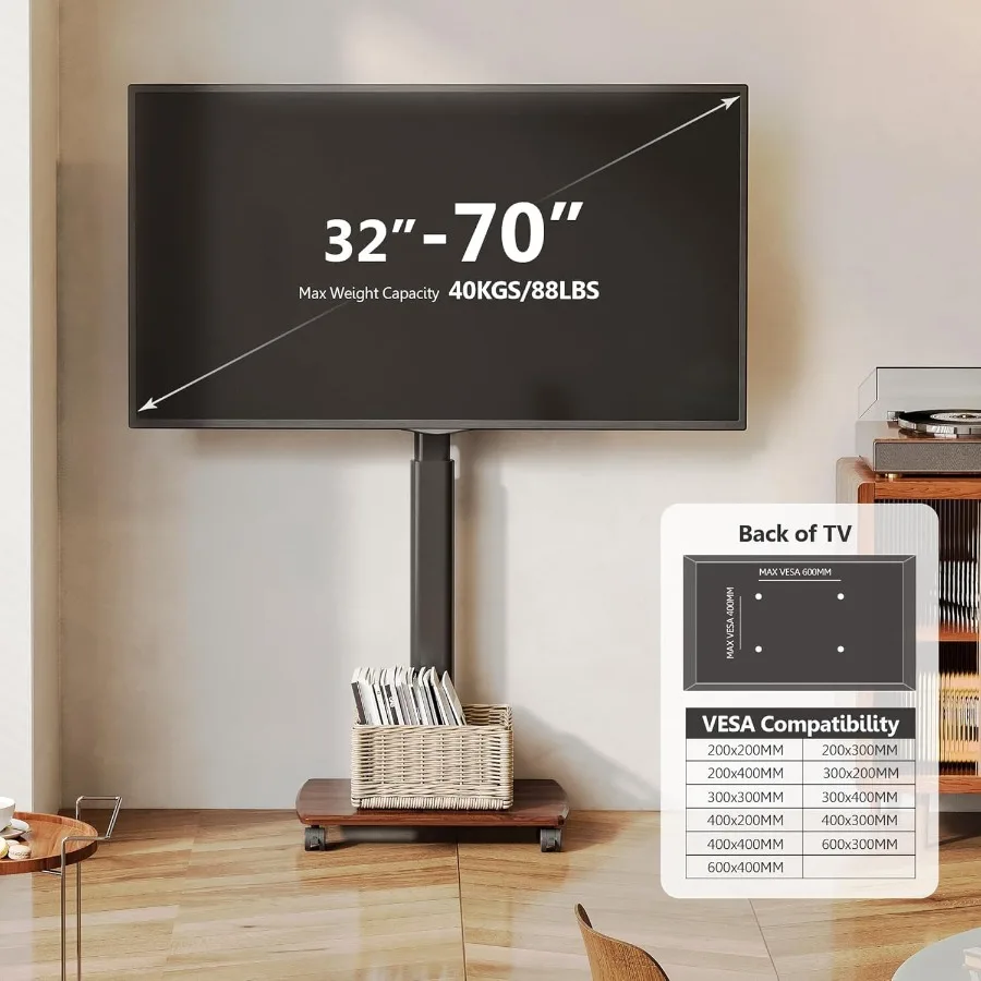 حامل تلفزيون متحرك لأجهزة التلفاز مقاس 32 إلى 65 70 بوصة عربة تلفزيون متنقلة محمولة على عجلات حامل أرضية عالمي طويل القامة مع حامل دوار مثالي