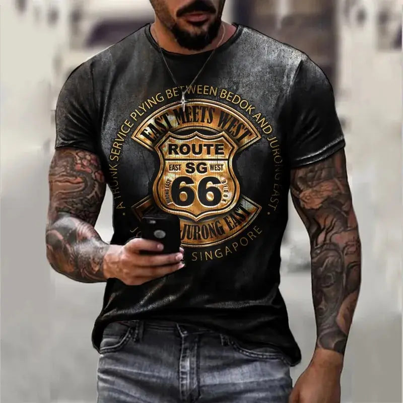 Men\'s Summer  T-shirt Plus Size Loose Vintage  Fitting Vintage Short Sleeve Fashion US Route 66 Letter Print 3D O-Neck T-shirt