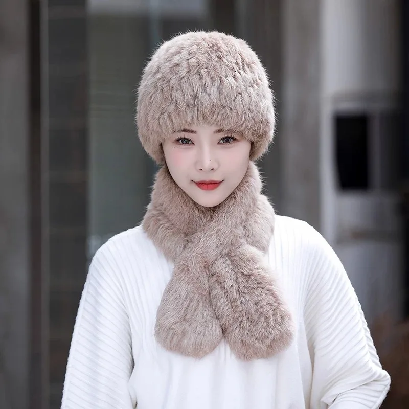 Real Rex Rabbit Fur Hat Scarf Set Thickened Warm Fur Caps Winter Outdoor Ear Protection Caps Female Warm Ears Bomber Cap