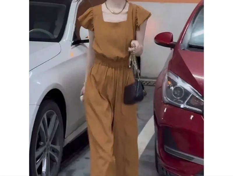 Elegant Goddess Style One-Piece Summer Slimming Short Sleeve Women's Romper Waist-cinching A-Line Pants Casual Comfortable