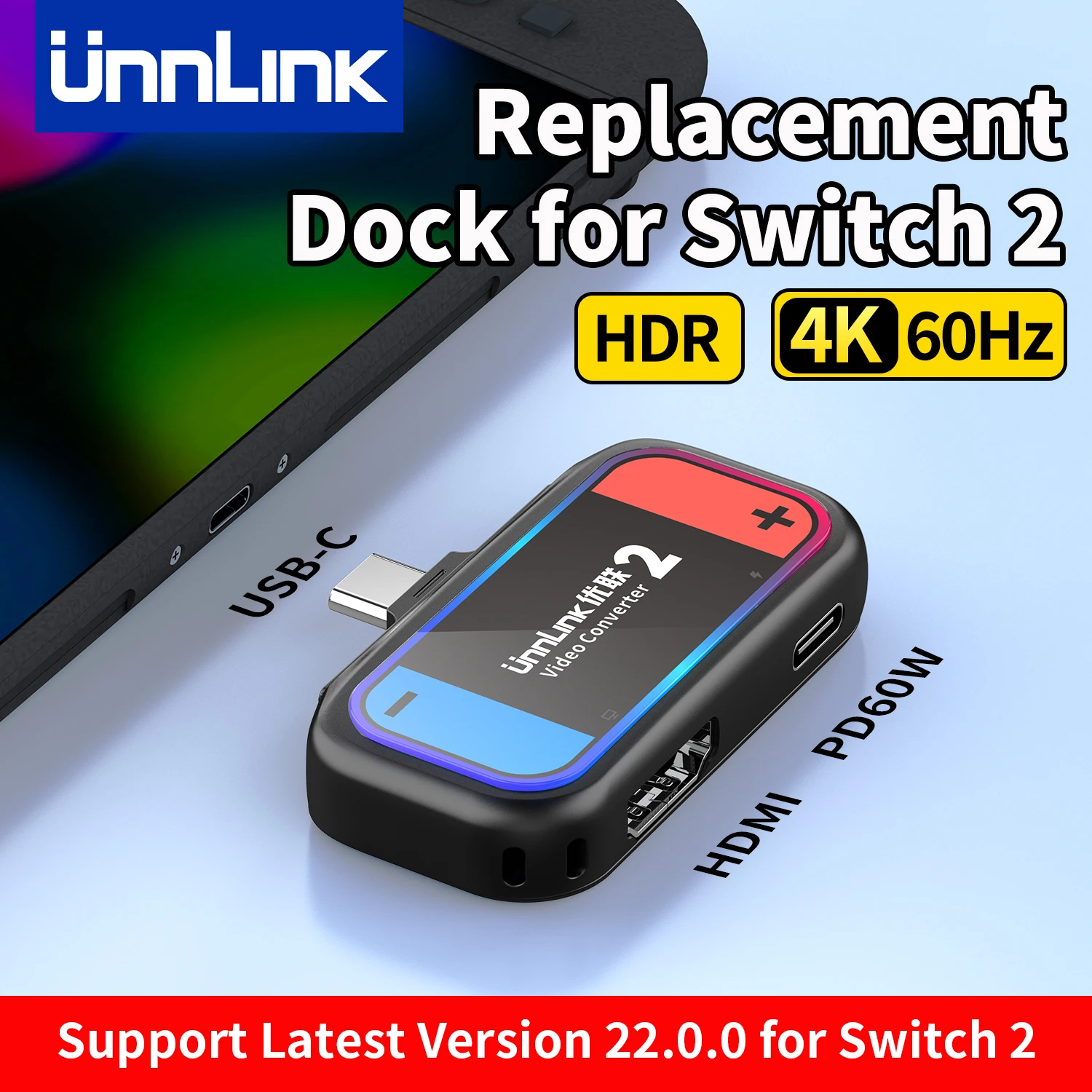 Unnlink Station d'accueil portable pour Nintendo Switch 2, mini station de voyage avec sortie HDMI 4K et chargement PD pour NS2 vers TV/moniteur