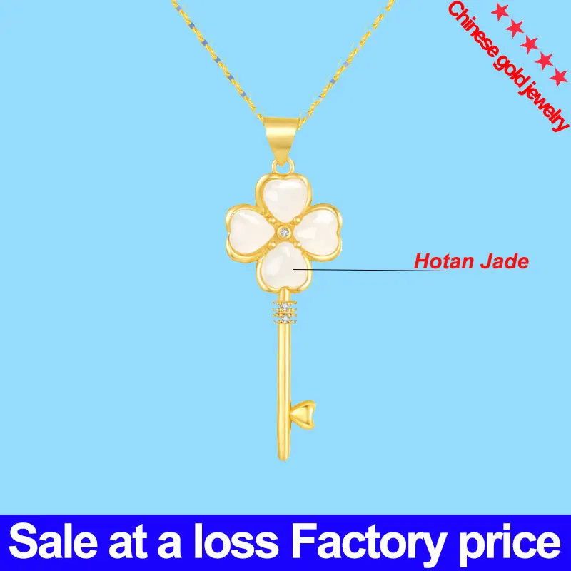 Precious metal gold-plated Key Pendant Necklace with  Jade Inlaid Clover Neck Jewelry Exquisite Women's necklace