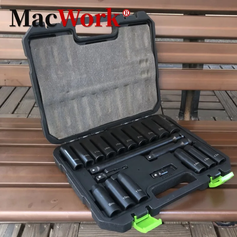 

20 Pcs Impact Socket Set 1/2" Deep Socket Metric 8mm to 24mm, 6-Point, Cr-V Steel Toughbuilt Multitool Hand Tools