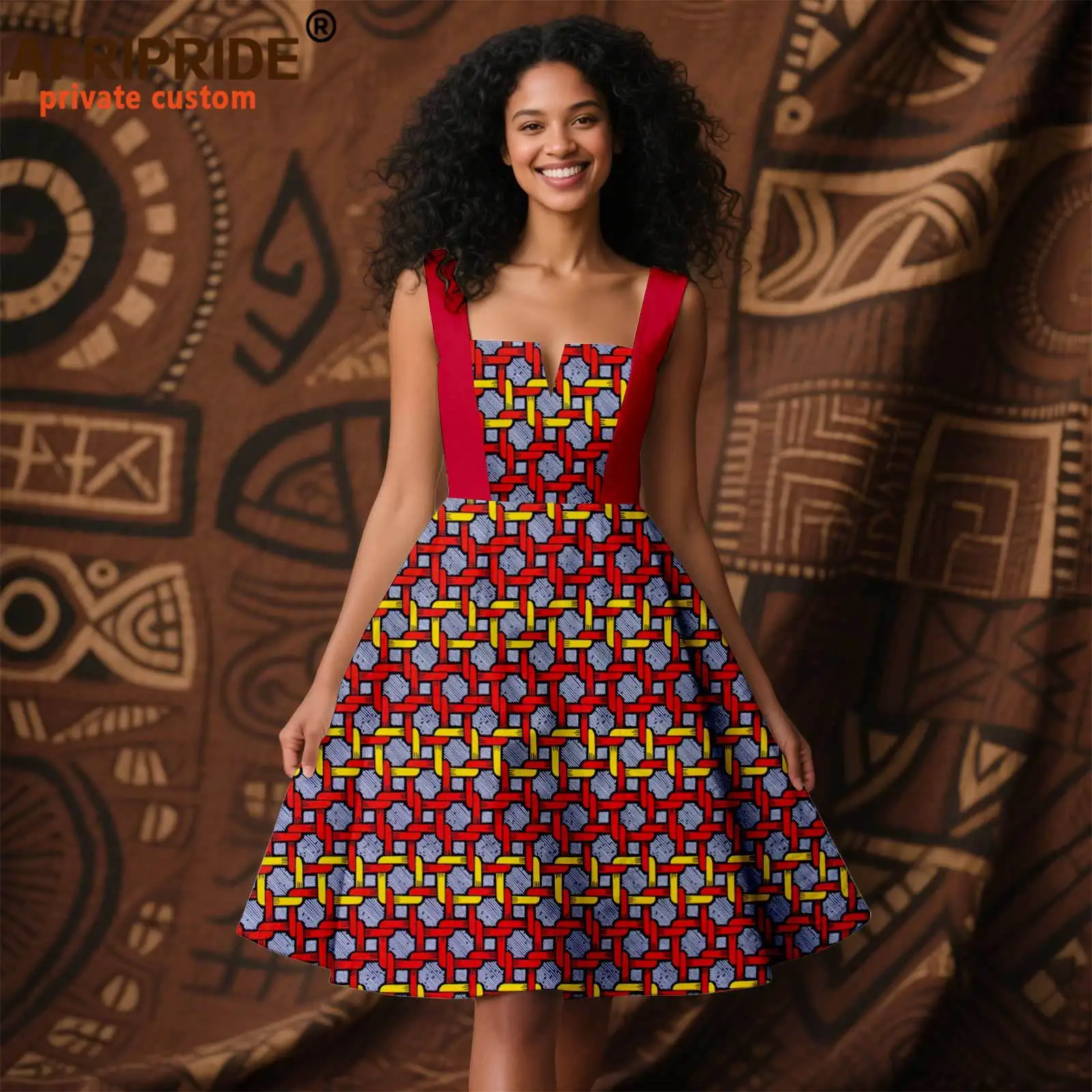 African Dresses for Women Sleeveless Slash Neck High Waist Elegant A-line Knee Dress Ankara Attire Print Outfits 2525130