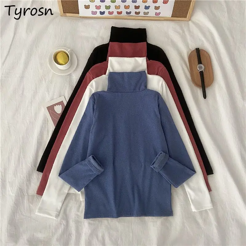 Fleece Turtleneck T-shirts for Women Korean Version Simple 8 Colors Long Sleeve Tops Warm Thicken Autumn Winter Chic Basic Inner