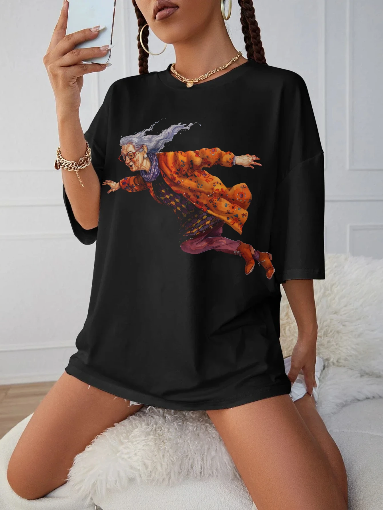 

Quirky-Whimsical-Crazy-Grandma-Clipart Loose Round Neck Black T-Shirt Women's Comfortable Maternity Clothing for Late Pregnancy