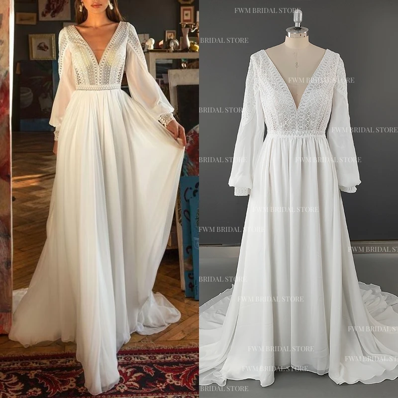 10753# Customized Simple Bohemia Puffy Sleeves V-neck Backless Sweep Train Satin Wedding Dress For Plus Size Women Bridal Gown