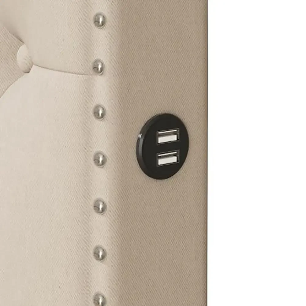 إطار سرير بمنصة منجدة كوين مع دولاب ومنافذ USB ولوح رأسي مجنح من الكتان البيج وبناء قوي وتصميم حديث #6