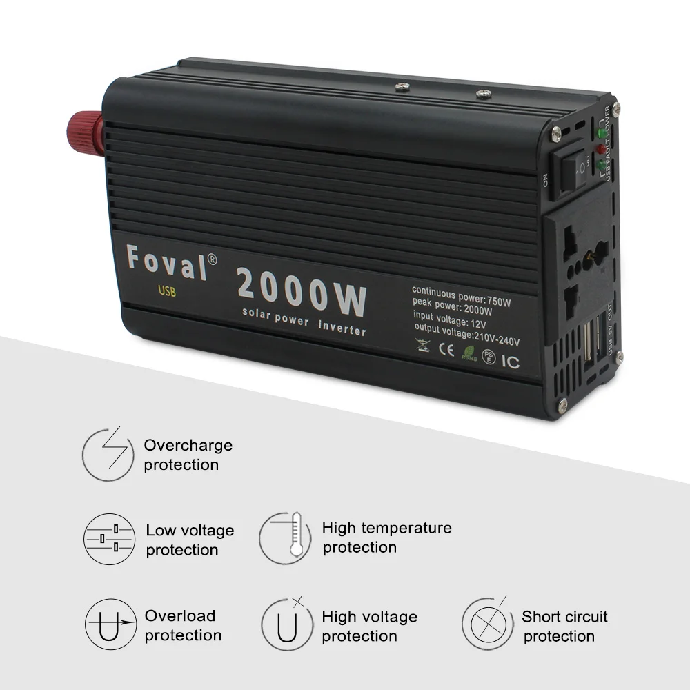 Inversor de onda sinusoidal modificada para coche, fuente de alimentación de 2000 W, doble carga USB, pico de 2000 W, cc 12V/24V a CA 110V/220V