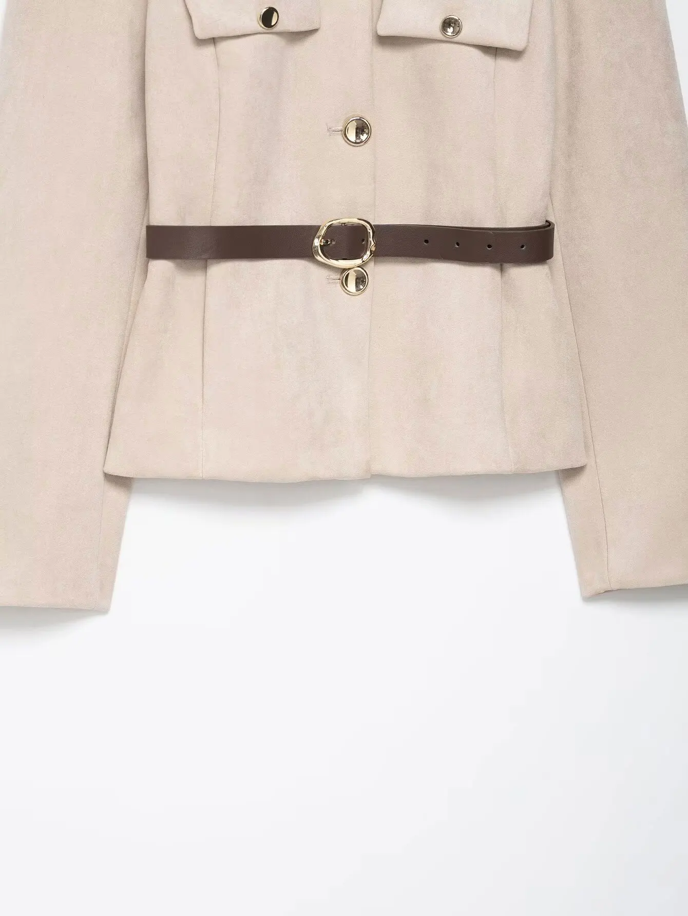 HH المرأة الخريف موضة الجلد المدبوغ تأثير معاطف طويلة الأكمام س الرقبة خمر واحدة الصدر الصلبة مربوط الإناث شارع العليا السترة