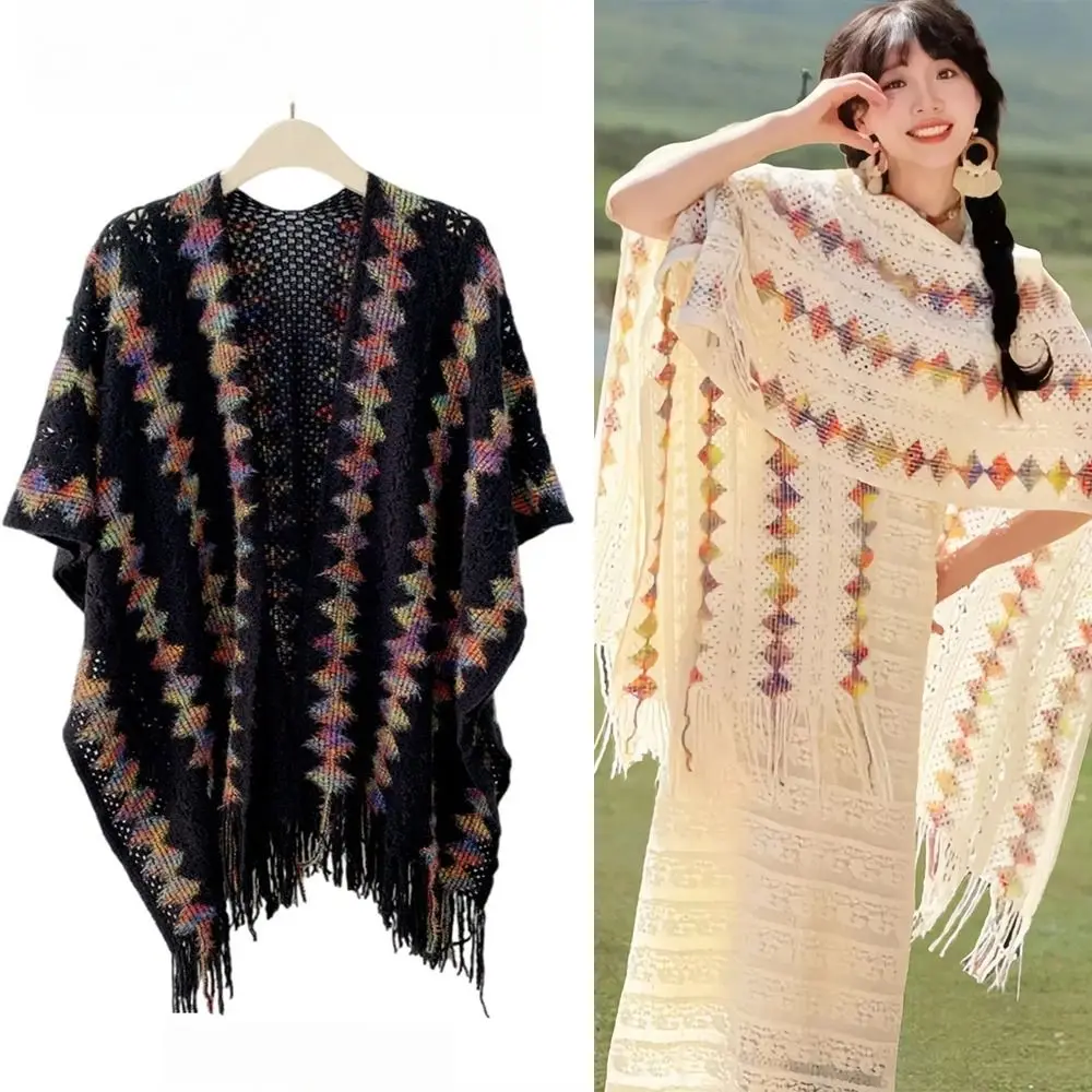 الفاخرة العرقية نمط محبوك شال شتاء دافئ أنيق شريط شرابة شال معطف تراكب أزياء المرأة