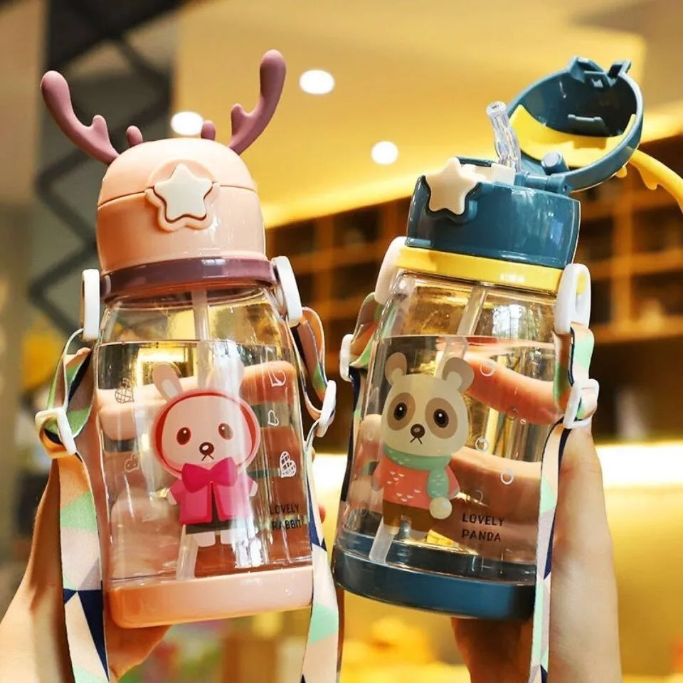 Children's Water Cup Kindergarten Elementary School Baby Anti drop Cup Cute Girl Student Deer Horn Water Bottle with Straw Mini