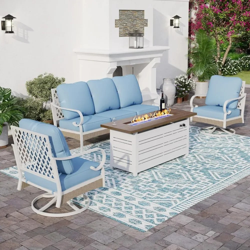 

4 Piece White Metal Outdoor Patio Furniture Sets with Firepit Table, Patio Conversation Sets 1 3-Seater Sofa, 2 Swivel Sofa Blue