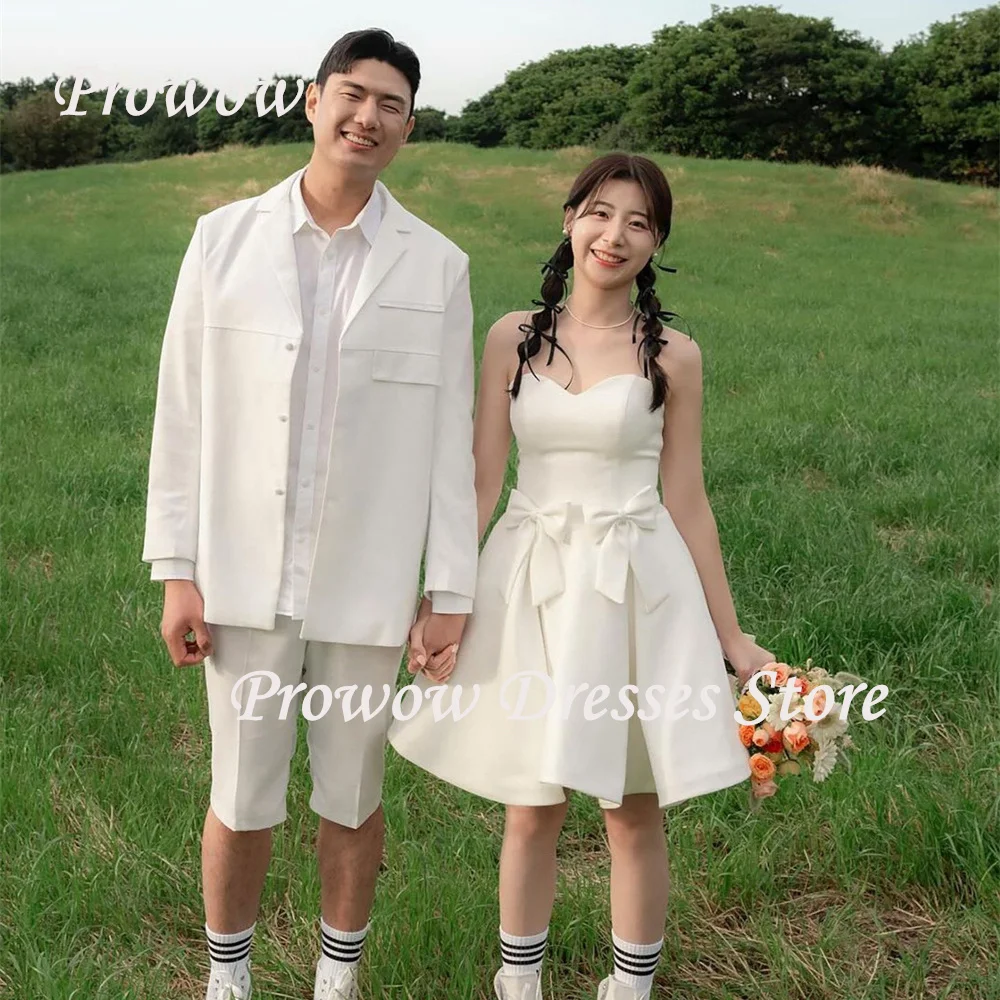 

Prowow Simple Sweetheart Short Wedding Dresses Korean Photoshoot Pleats Bows Sleeveless Mini Bridal Gowns A Line Customized