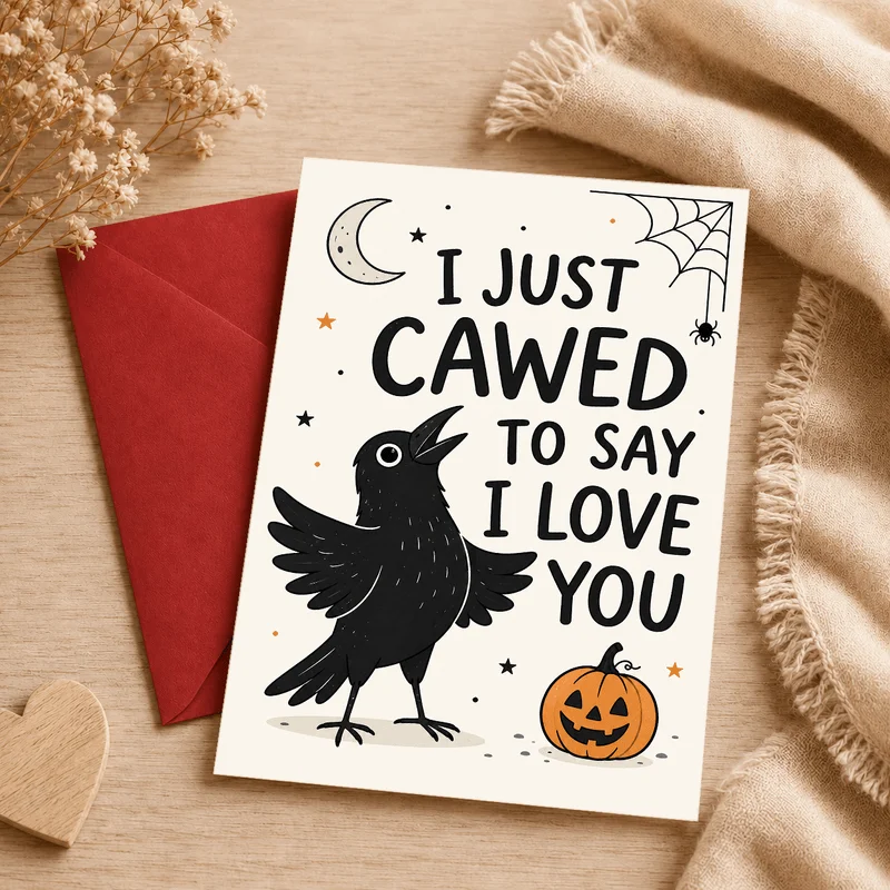 Halloween greeting card - cute crows, pumpkins, and scary stars, conveying 