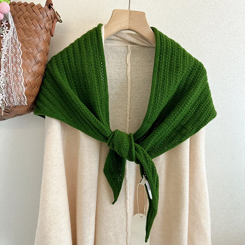 Fashion 100% Wool Knitted Triangle Scarf Women Hollow Out Cashmere Scarves Female Stylish Colorful Bandana Muffler Autumn Winter