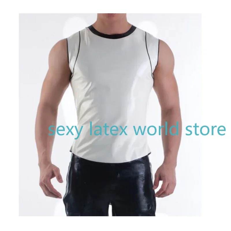 

Мужской жилет из 100% латекса ручной работы, белый топ без рукавов с черной отделкой, футболка от XS до XXXL