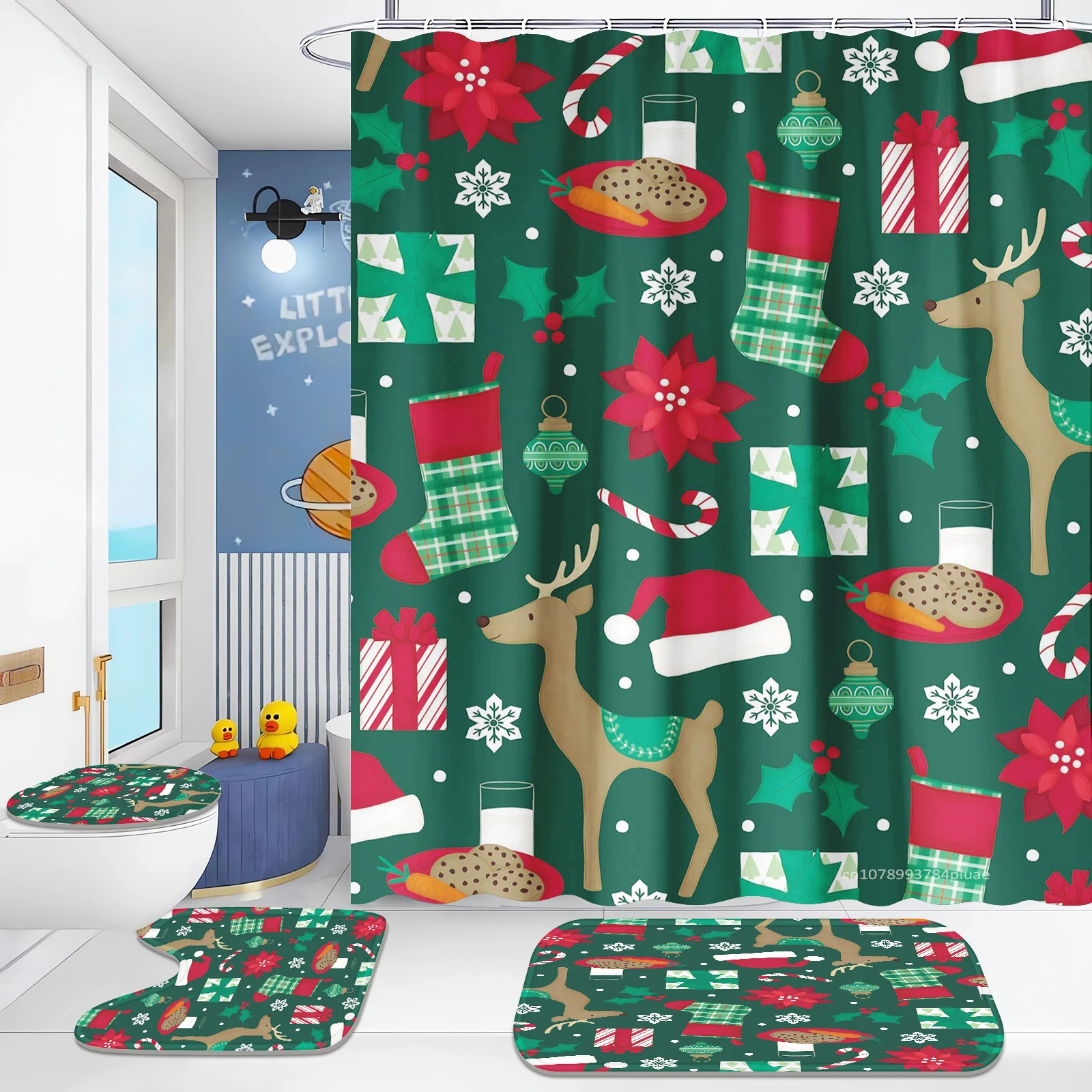 Shower Curtain Four-piece Set Christmas Elk Gift Box Socks Holiday Decoration  Bathroom Decoration Waterproof and Mildew-proof