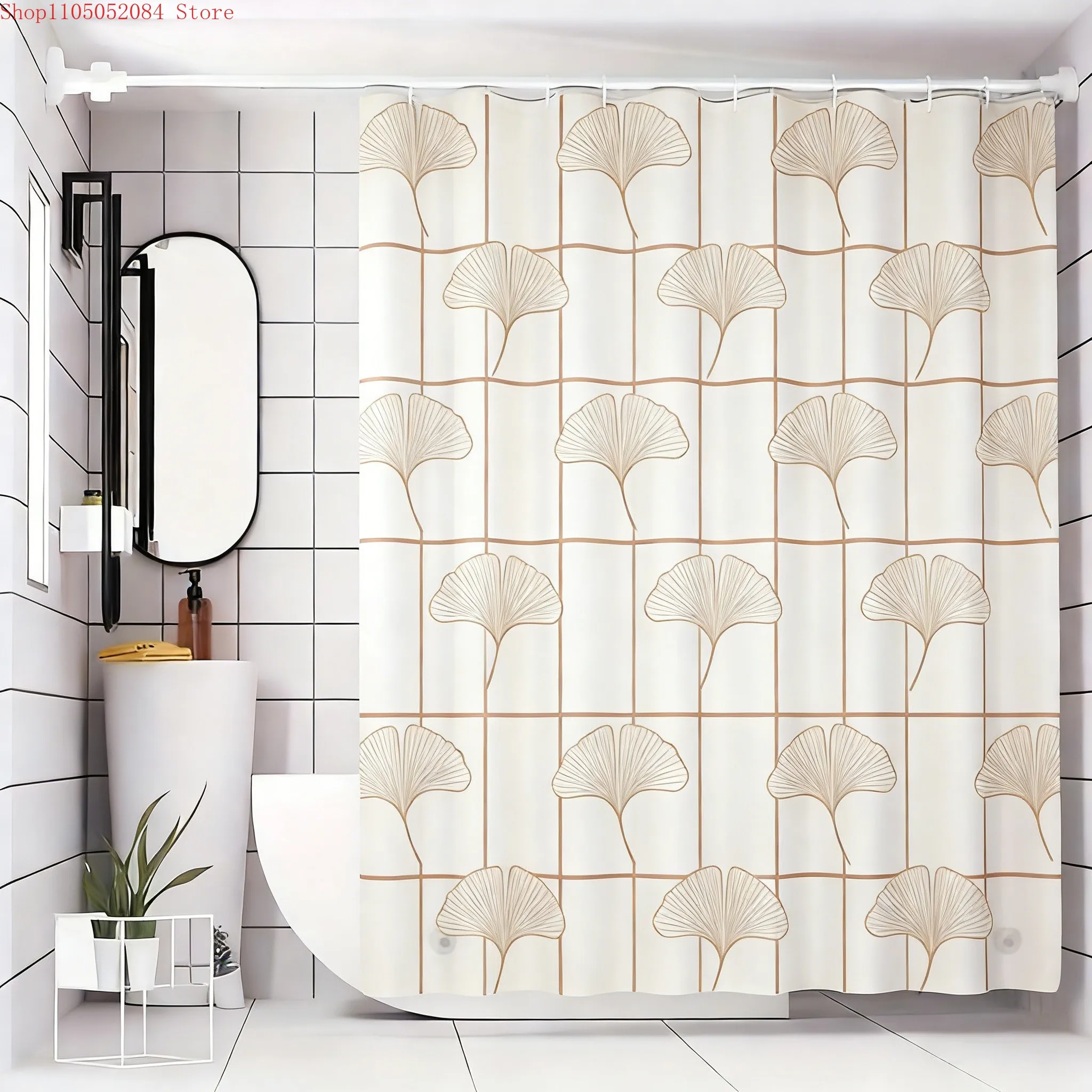 Minimalistischer Goldener Ginkgo-Blatt-Gitter Wasserdichter Duschvorhang für Badezimmerdekoration