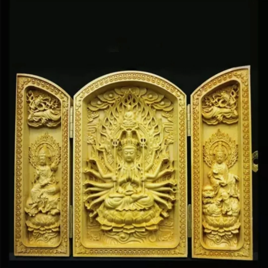 

5.7" Boxwood Carving Buddha Folding Buddha Statue Buddhist Altar Decoration